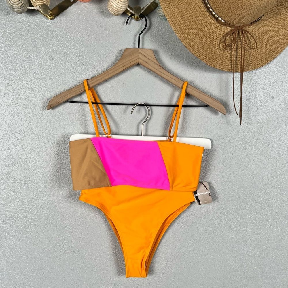 NWT ELLEJAY Lauren Colorblock High Waist Pink/Orange Bandeau Bikini Set XS/S - Picture 2 of 11